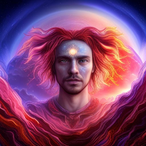 Head and shoulders of a male figure wrapped in orange and red light, with a small light in his forehead looking like a miniature sun. His gaze is calm, distant. The image gives off a feeling of spirituality or the divine. It is an AI generated image of the author.