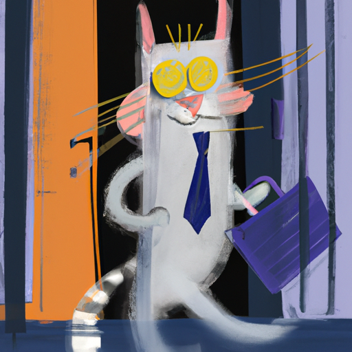 A smiling cat leaving the office at 5pm in the style of Picasso