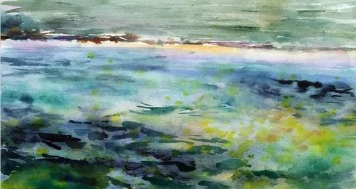 “Tranquil Seascape” This watercolor painting depicts a serene seascape. The artist uses a blend of cool colors, predominantly shades of blue and green, to convey the tranquility of the ocean. The water appears to gently ripple, reflecting the light from the sky above. There are darker patches, possibly indicating seaweed or deeper water, adding depth and contrast to the composition. The horizon is subtly defined, merging the sea and sky in a harmonious gradient. The overall effect is calming and