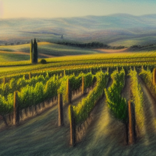 Pastel chalk drawing of a vineyard