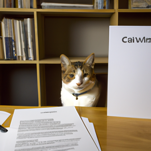 A cat applying for a job with a cv in the style of Annie Leibovitz. Cat is in the centre of the image, CV is on the table