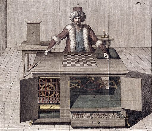 Drawing of a manequin behind a chess board. Below the chessboard is a cabinet with its doors and drawers open and some gears visible.