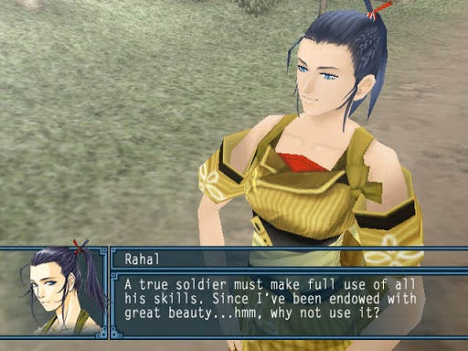 Game Still: Rahal, crossdressing, saying that crossdressing is a skill of a true soldier.