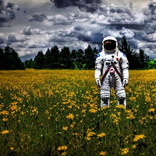 An astronaut standing in a yellow flowers field