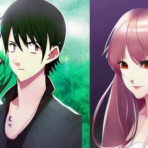 Split picture. Left side is a boy, dark hair, light skin wearing a black collared jacket. Right side is a girl with purple hair, light skin