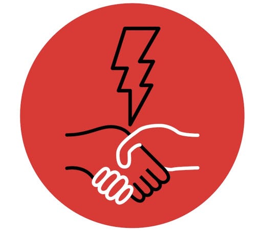 A round red graphic with two hands shaking hands. The hand on the left is drawn with a black line, and the hand on the right with a white line. Above the hands is a lightning bolt, drawn with a black line, pointing down to the middle of the handshake.