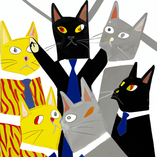 A boss cat giving instructions to a team of worker cats in the style of Picasso