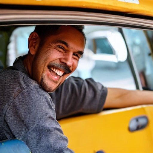 A taxi driver drives away with a positive smile.