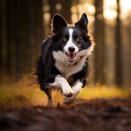 A highly detailed running border collie drawn by Midjourney