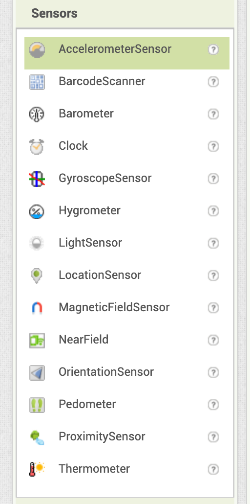 Screenshot of the list of sensors available on MIT App inventor