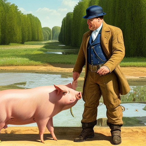 A male farmer yelled to a pig which was playing in a pond in a county.