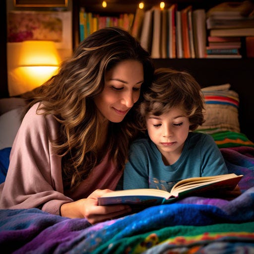 Mother reading a story book to her son.