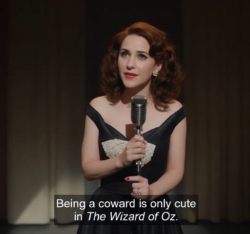 Image of awesomely talented Rachel Brosnahan generated by the author in Leonardo AI after a screen capture from The Marvelous Mrs. Maisel: You’re fired final episode.