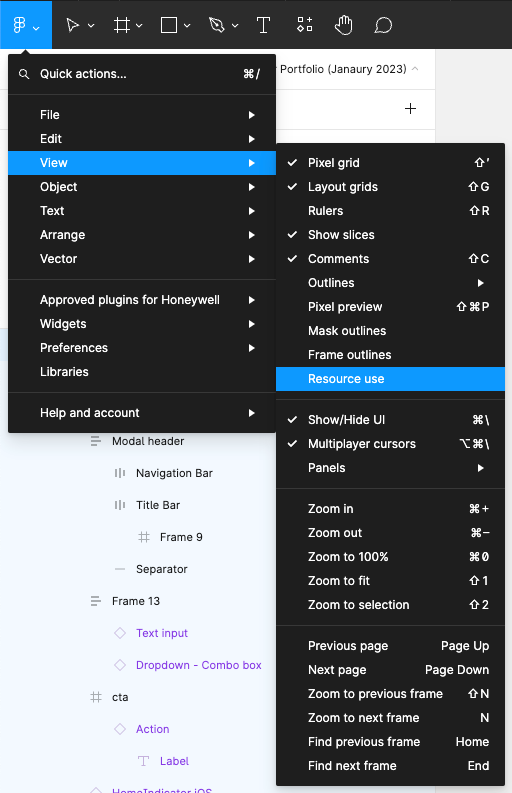 Image showing how to pull up the ‘Resources used’ view in a Figma file