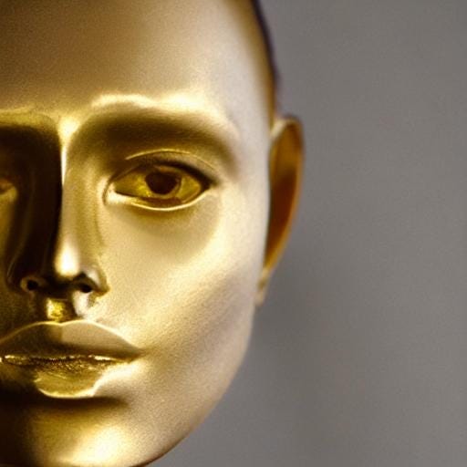 A smooth golden sculpture of a woman’s face.