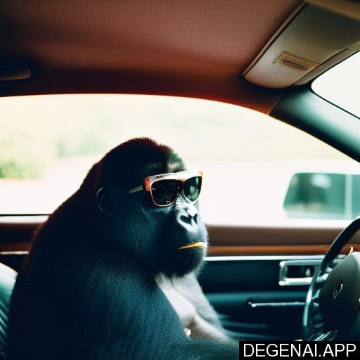 gorilla with sunglasses and wearing a suit driving a lambo