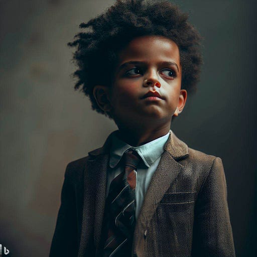 Dall-E Prompt ” A kid in a suit looking at us with some tears in his eyes, use Ethiopian elements and make it a cinematic look”