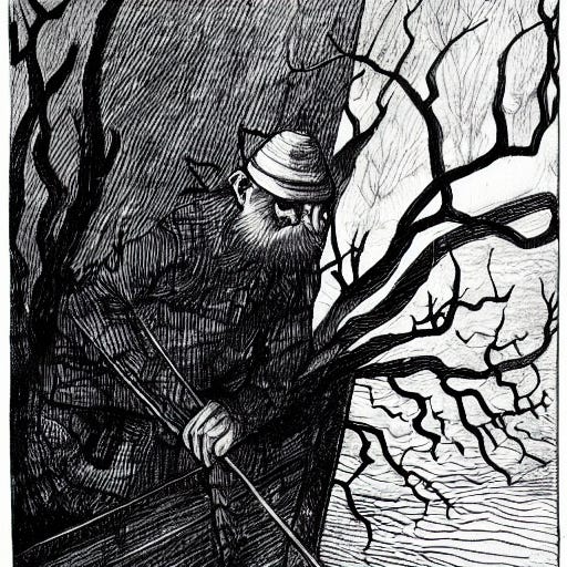 Line art of an old angler in a dark forest.