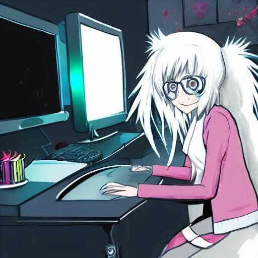 An anime girl with white hair, polar bear ears, and an open, black coat playing a video game. Drawn in an anime art style