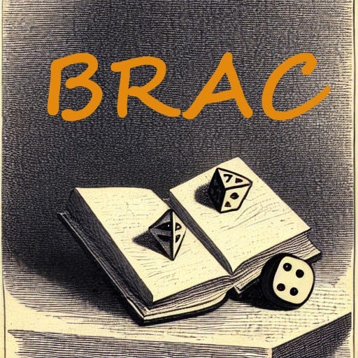 Le logo de BRAC : une gravure d’un livre ouvert sur lequel divers dés sont posés, avec le mot BRAC en orange au-dessus