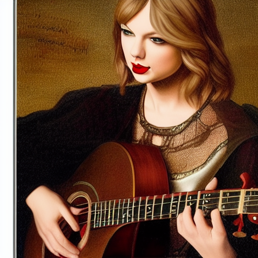 Renaissance Taylor Swift playing something that’s not quite a mandolin or a guitar