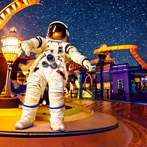 An astronaut standing at a theme park