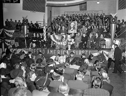 Charles Lindbergh speaks to an America First rally audience in Fort Wayne, Indiana. (October 5, 1941) | Library of Congress: https://www.loc.gov/pictures/item/2012647136/