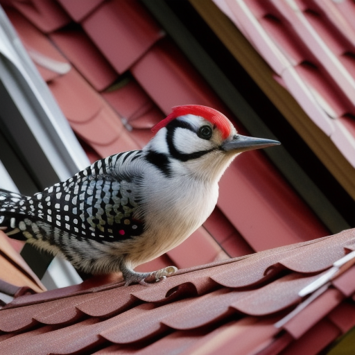 A woodpecker packing the roof of a building