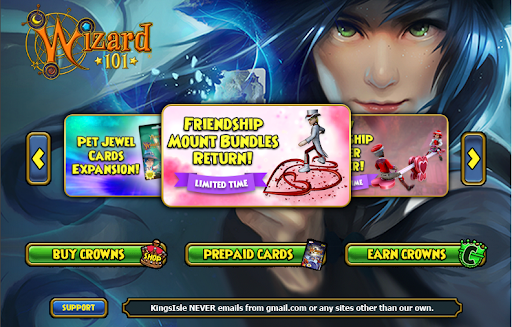 The wizard101 loading screen, which is filled with advertisements to buy crowns, the in game currency.