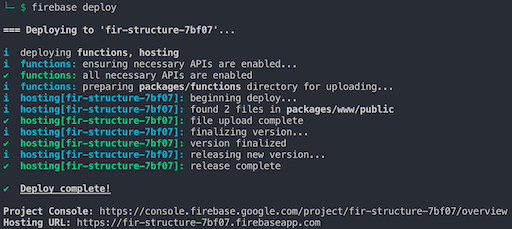 terminal output after the firebase deploy command successfully runs