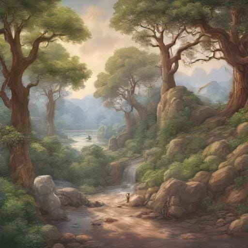 An AI generated image of a forest landscape strewn with rocks and trees on a blue sky in an impressionist style.