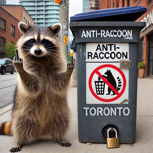 Racoon next to the Toronto anti-racoon bin
