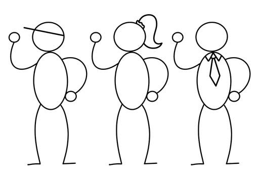 Three stick figure people — one has a hat, one has a ponytail, and one has a necktie.