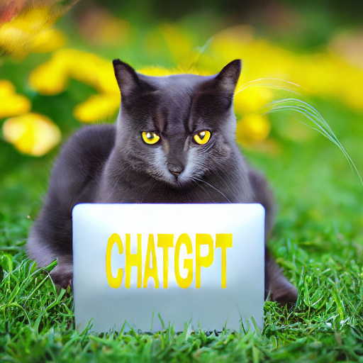 Imagem de um gato na frente de um computador com ChatGPT escrito (mas sem logo no canto inferior direito) pelo Space do modelo Stable Diffusion Inpainting da Runway
