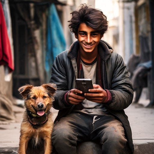 An enterprising teenage Indian boy with his dog and smartphone.