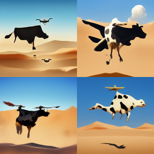 Flying cow in the desert. 4 images