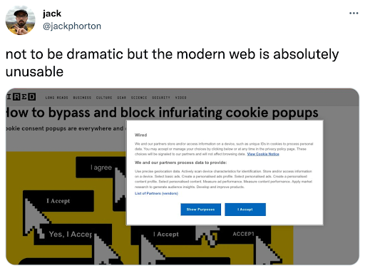 tweet: not to be dramatic but the modern web is absolutely unusable