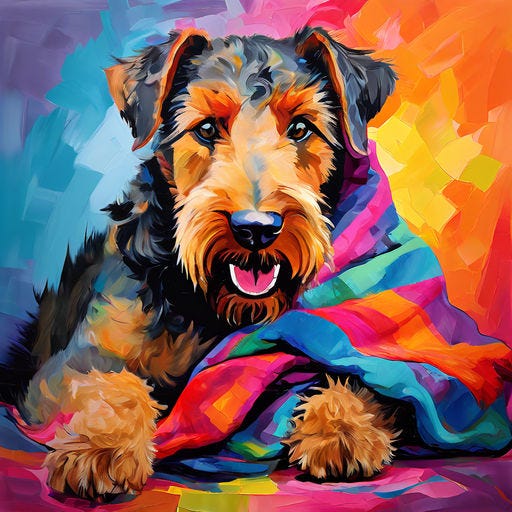 An Airedale dog wrapped in a colorful blanket.