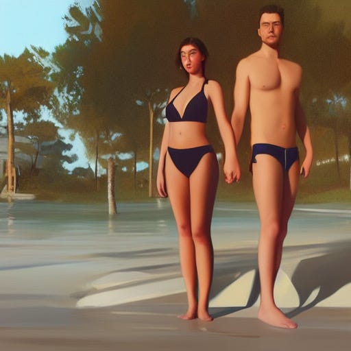 A digital art AI painting of a young couple with a perfect body, surrounded by excellent nature background.