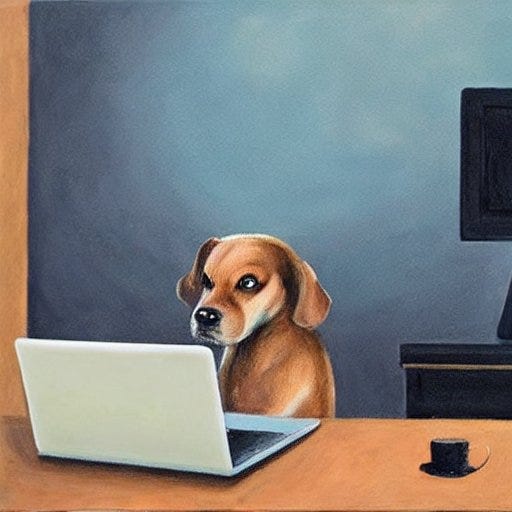 AI-generated image of an oil painting of a dog staring intensely at a laptop.