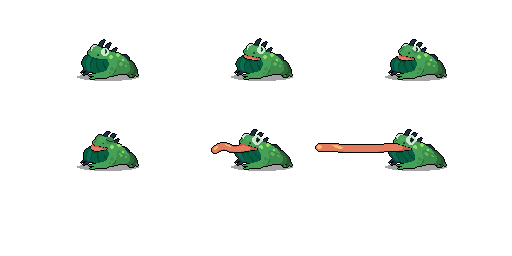 The ranid enemy type (a whimsical, mutant tree frog in pixel art form) shooting out its tongue.