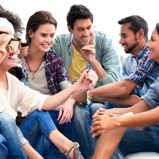 a group of people form a circle talking happily, more people see them and come to join