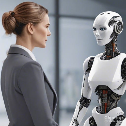 A business woman talking to a robot