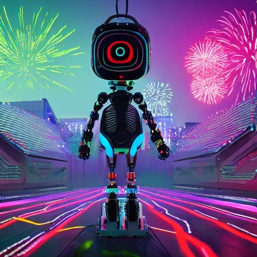A robot posing in front of fireworks. AI generated.