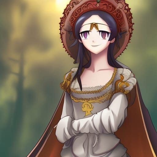 medieval lady anime style. Wearing a large hat and long dress, square neckline, dark hair, pale skin.