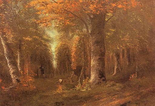Forest in Autumn, oil on canvas realist Painting By Gustave Courbet , a wonderful forest landscape, magnificient huge trees with glowing foliage.