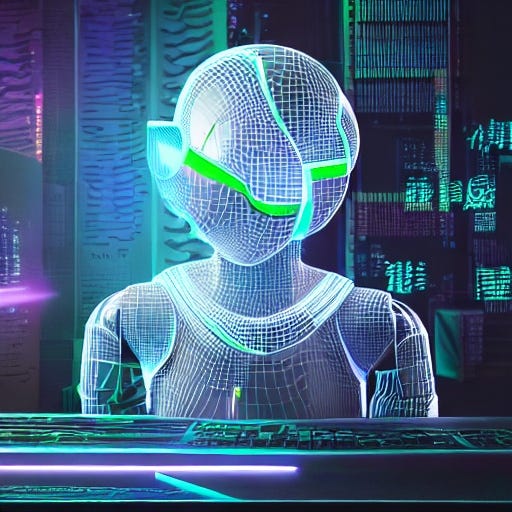 AI robot sitting at a computer keyboard in a cyber city