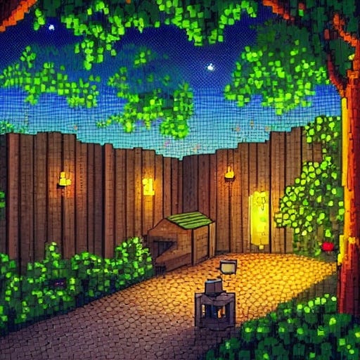 a pixel art image of a backyard with fireflies