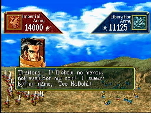 Game still. Teo says “Traitors! I’ll show no mercy, not even for my son! I swear by my name, Teo McDohl!”