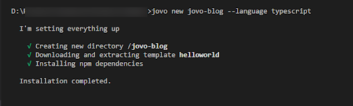 Create a new Jovo project using jovo new <directory> -language typescript command